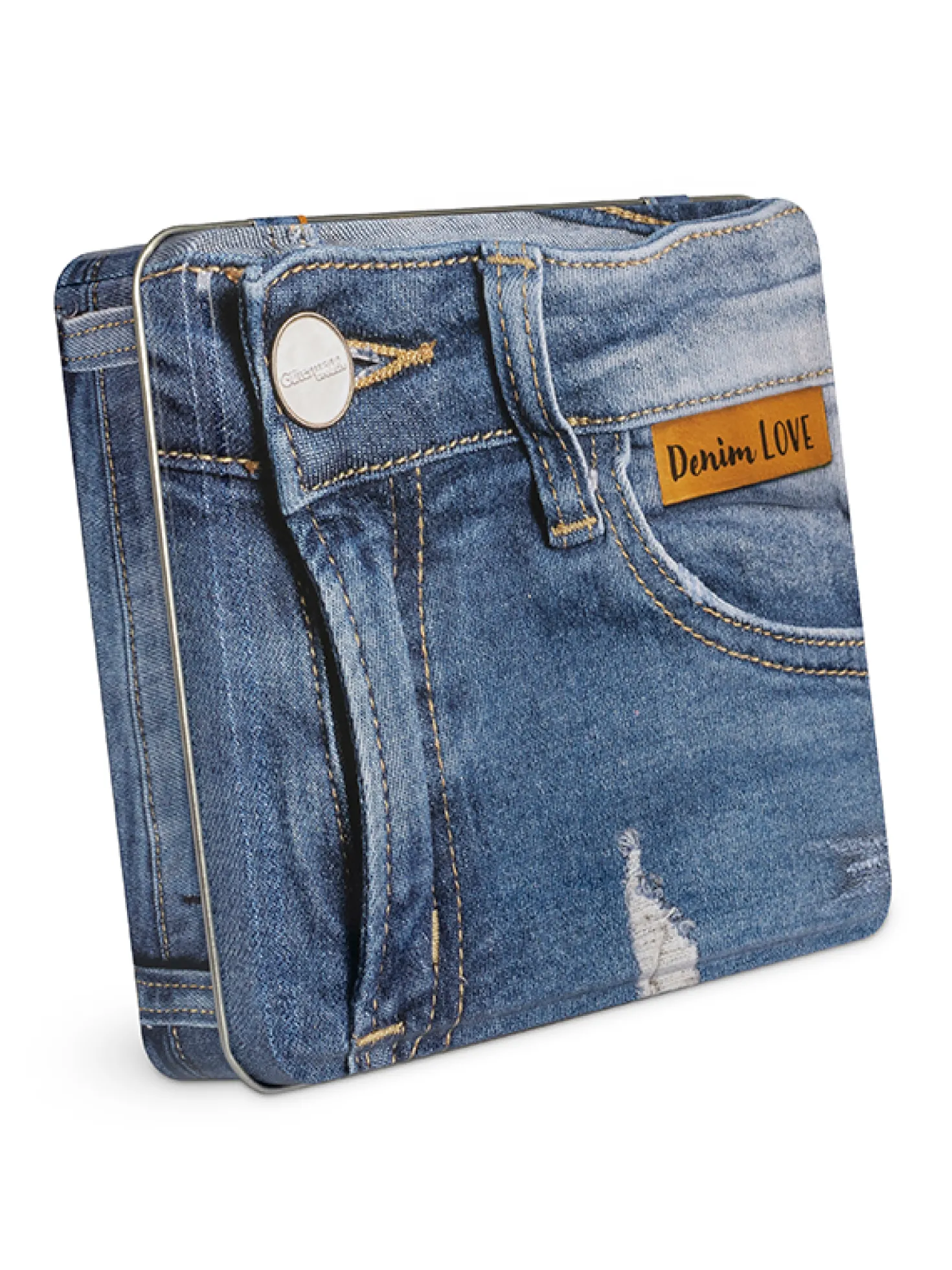 DENIM-BOX con aghi Jeans ed etichette in pelle artificiale