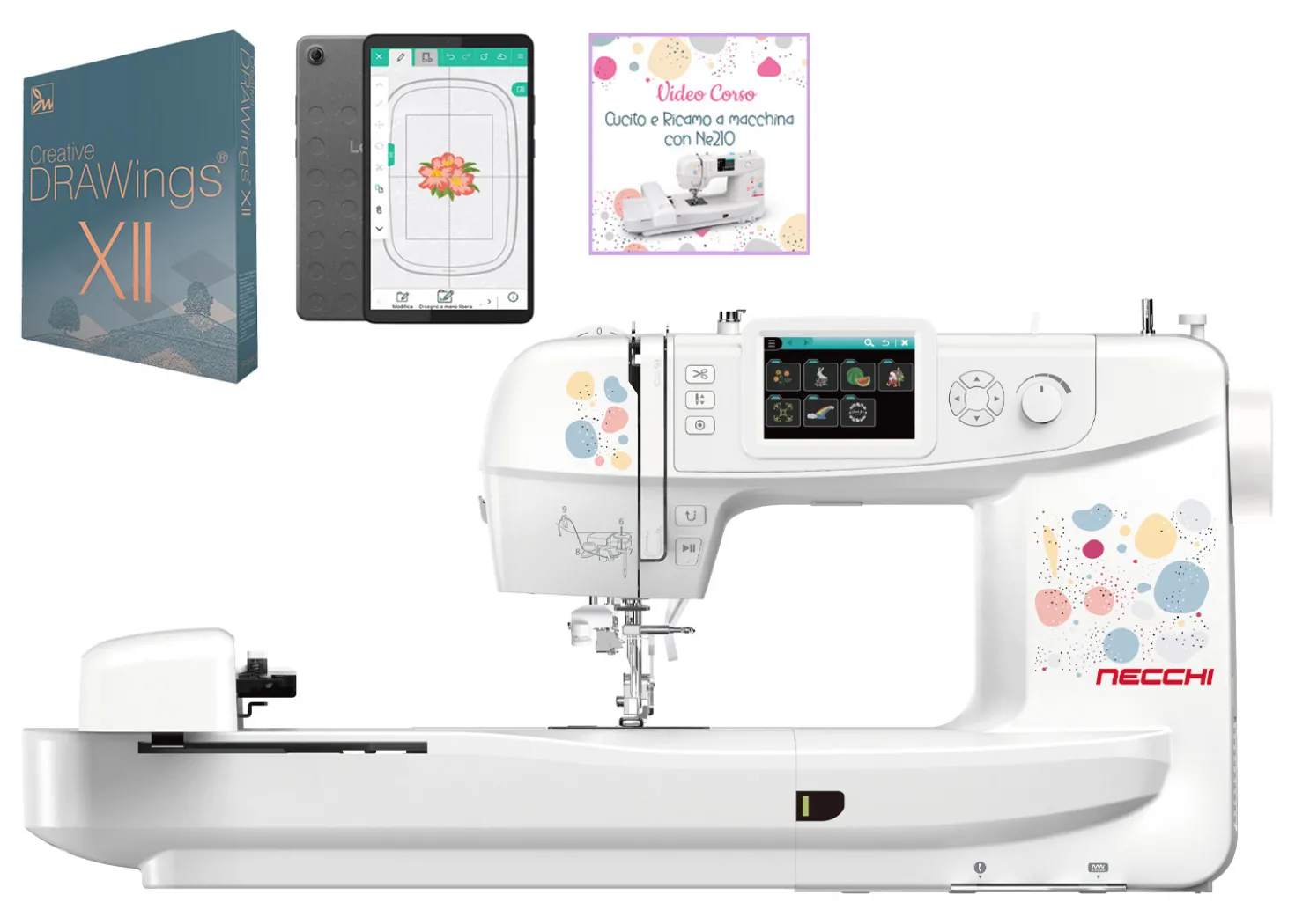 Necchi Sweet NE210 Macchina per Cucire e Ricamare in collaborazione con Eleonora Galvagno con Tablet e Software DRAWings Creative